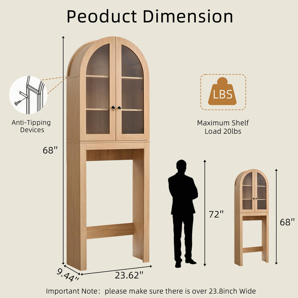 Arched Over The Toilet Storage Cabinet with Glass Doors, Natural Oak G397