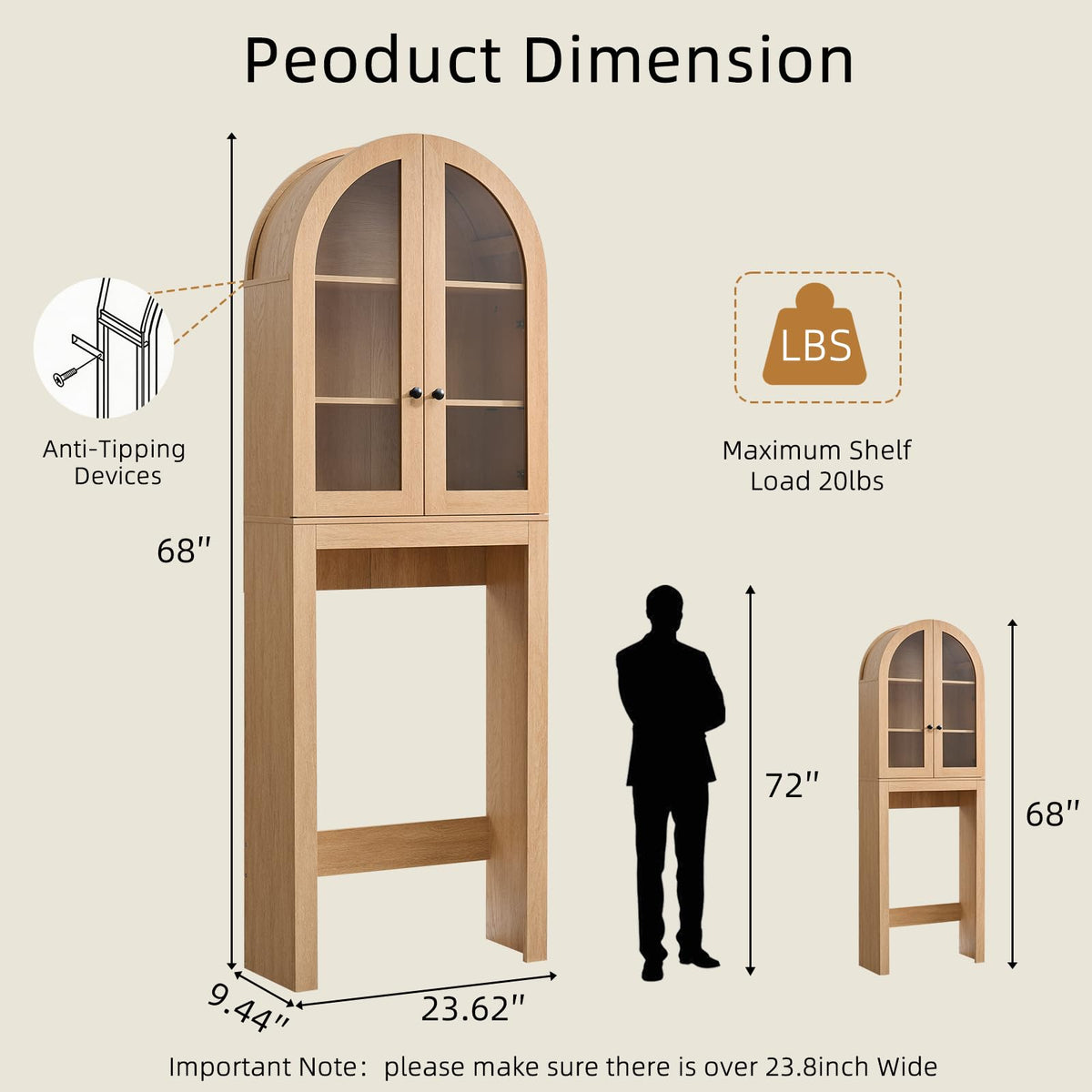 Arched Over The Toilet Storage Cabinet with Glass Doors, Natural Oak G397