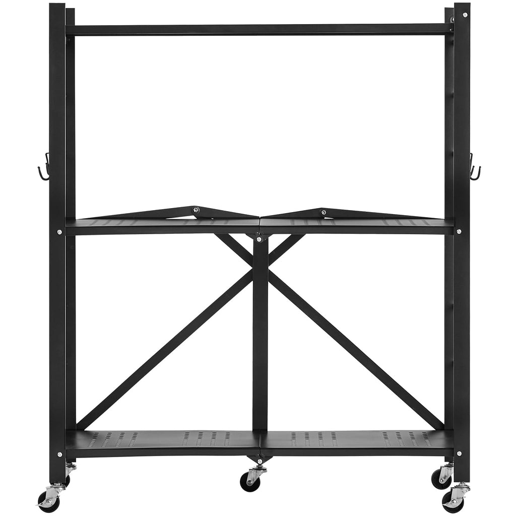3-Tier Foldable Metal Storage Shelf with Wheels and Hooks, Black B377