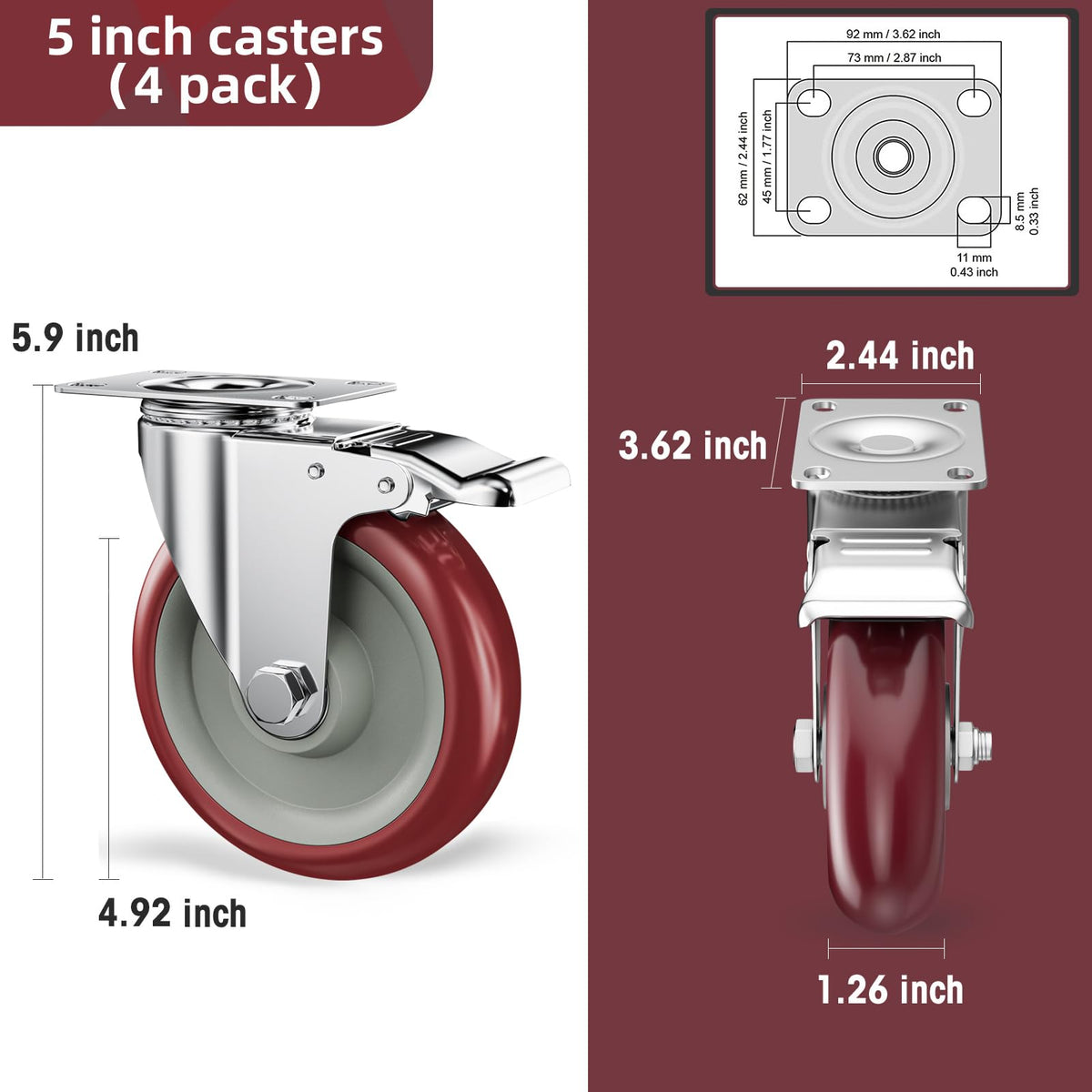 5" Heavy Duty Plate Casters with Brake, Set of 4 S5987