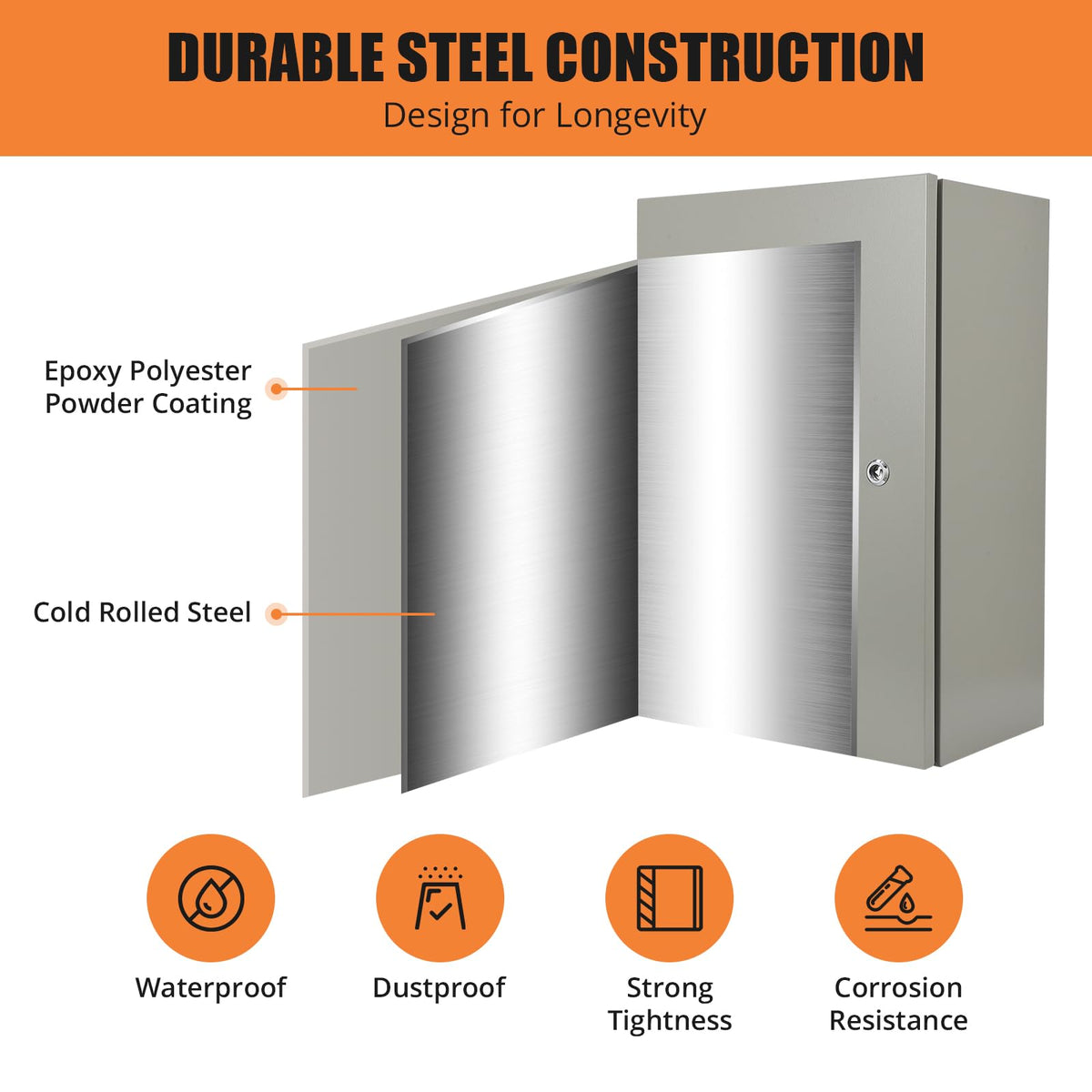24" x 16" x 10" Waterproof Stainless Steel Electrical Enclosure Box with Lock S255676