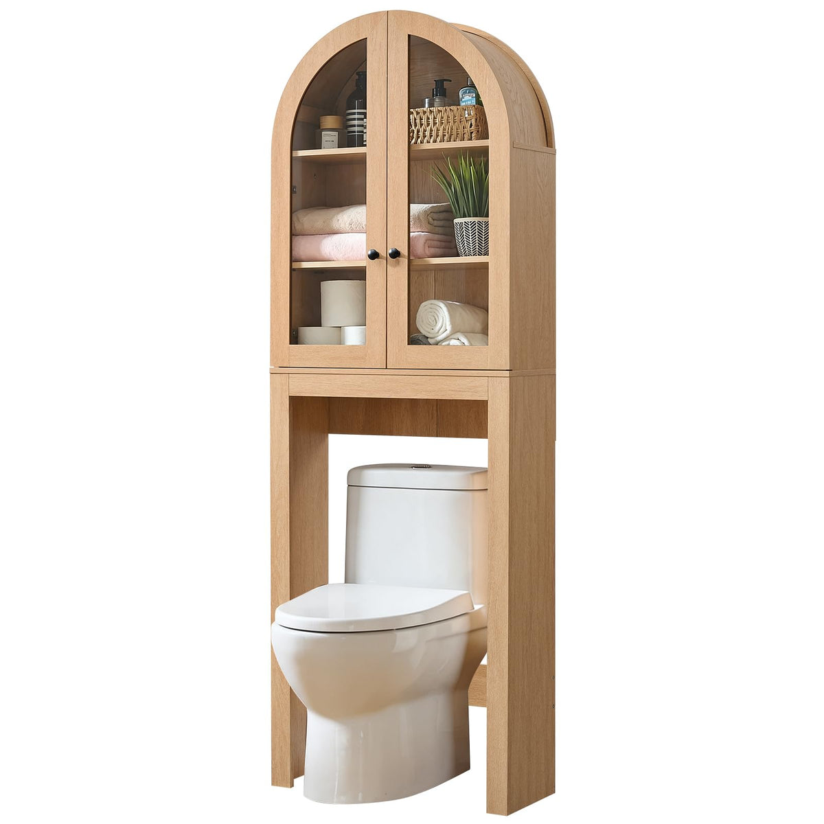 Arched Over The Toilet Storage Cabinet with Glass Doors, Natural Oak G397