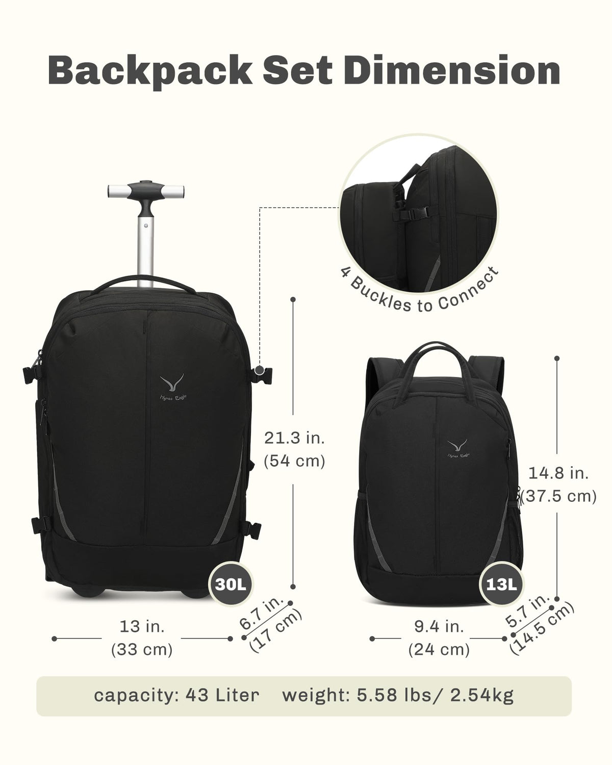 Rolling Backpack with Wheels 43L with Packing Cubes Set 6PC U1485