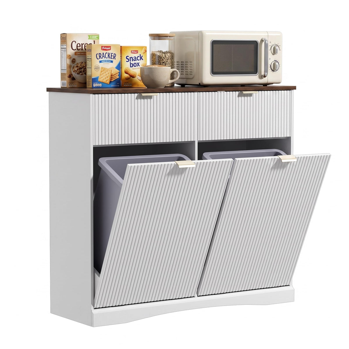Double Tilt Out Trash Cabinet, 2x10 Gallon Fluted Hidden Laundry Hamper with Drawers, White and Dark Walnut E547115