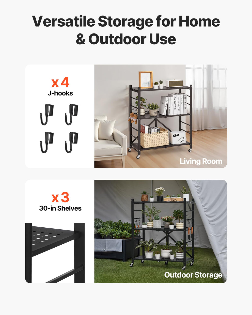 3-Tier Foldable Metal Storage Shelf with Wheels and Hooks, Black B377