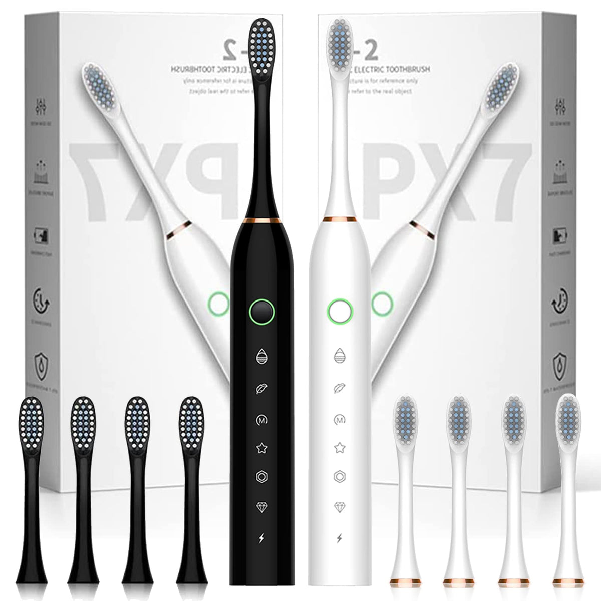 2 Pack Electric Toothbrush with 8 Brush Heads Black+White J968062
