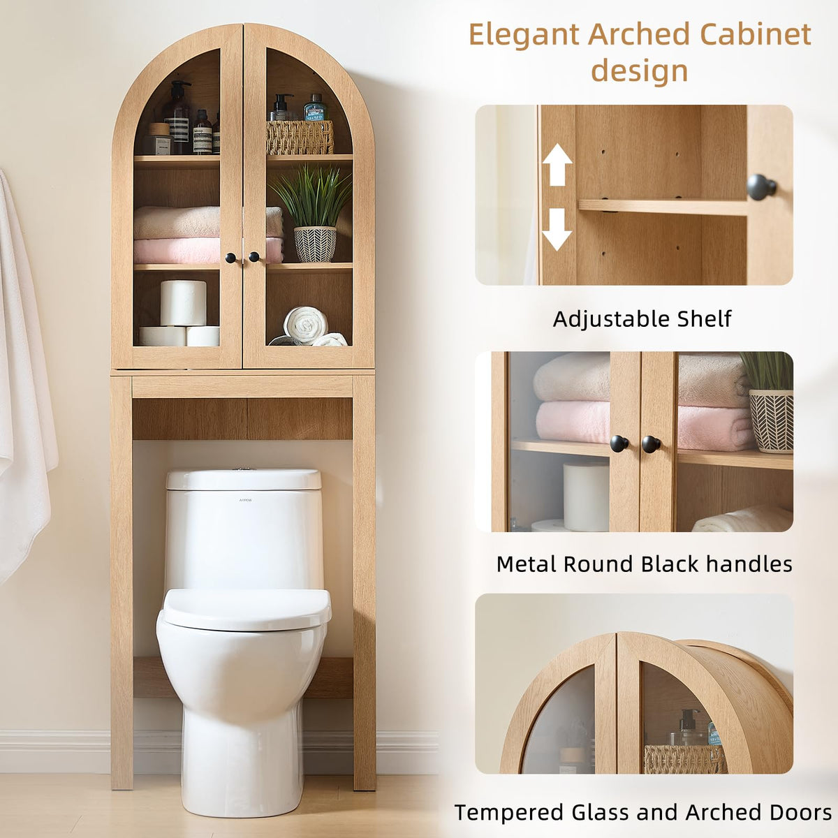 Arched Over The Toilet Storage Cabinet with Glass Doors, Natural Oak G397