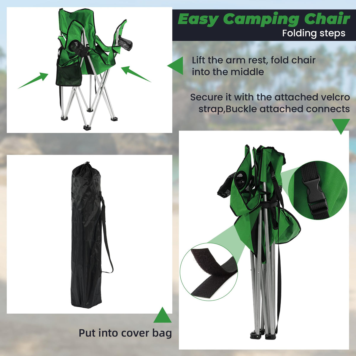 2 Pack Folding Camping Chair with Cup Holder & Carry Bag, Grass Green N78877
