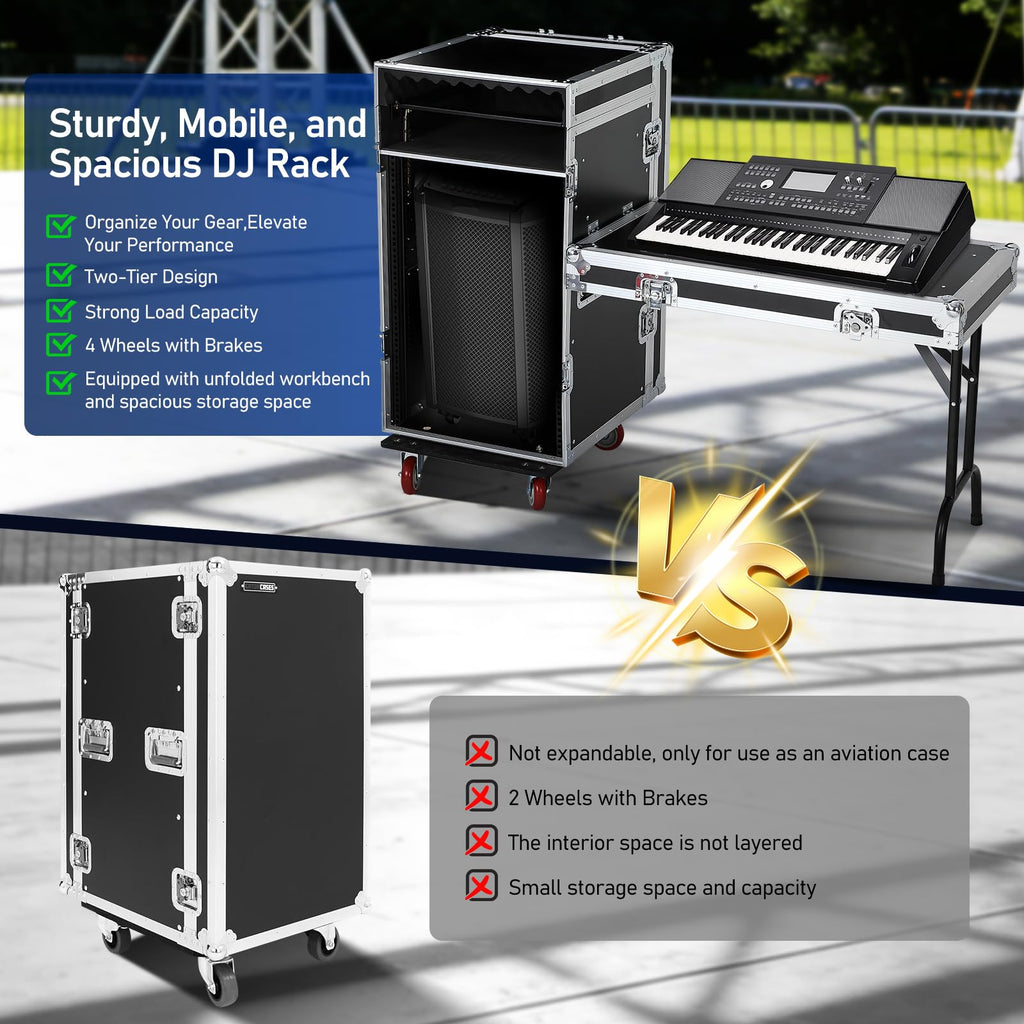 16U DJ Controller Case Rack with 2 Side Tables and 4 Casters K537