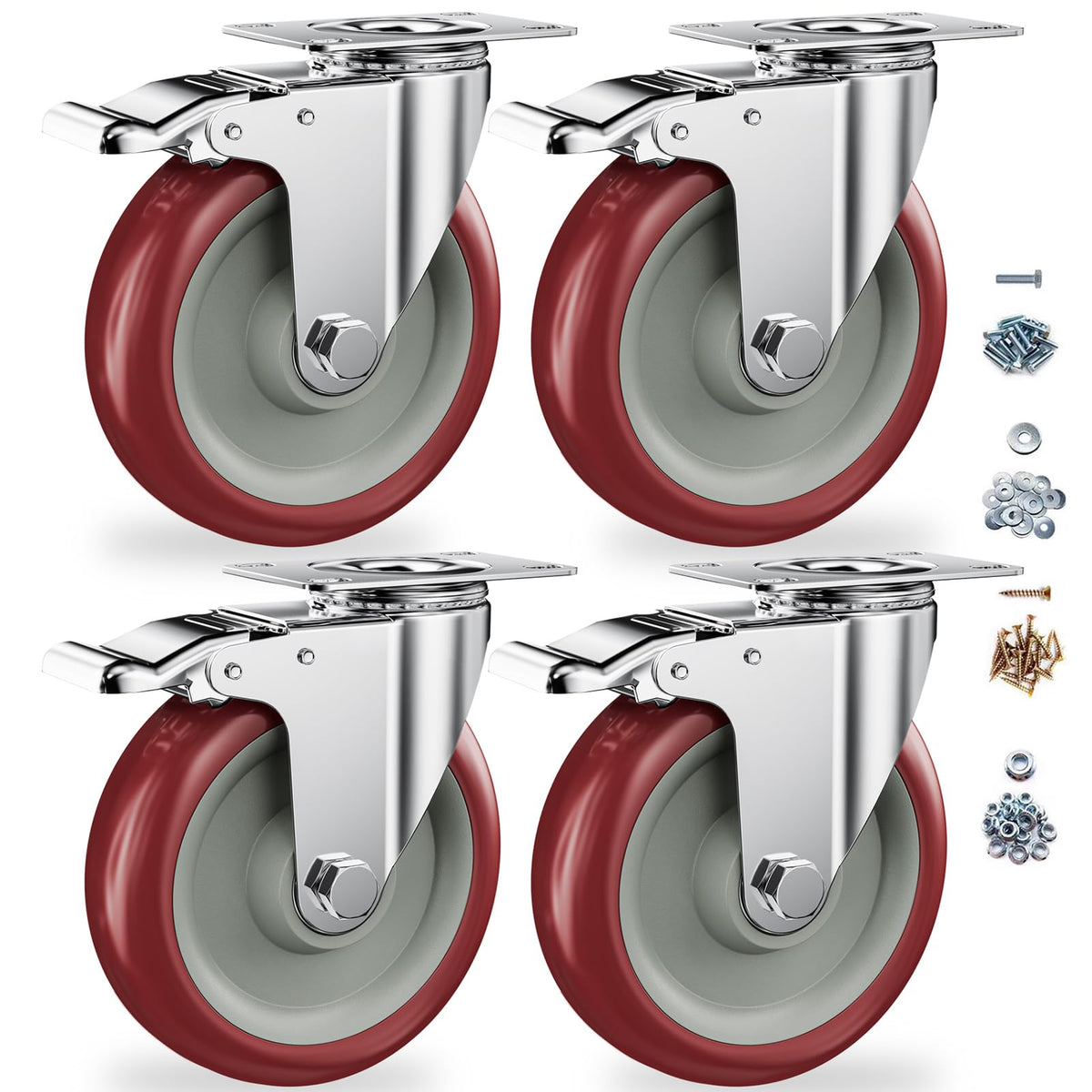 5" Heavy Duty Plate Casters with Brake, Set of 4 S5987