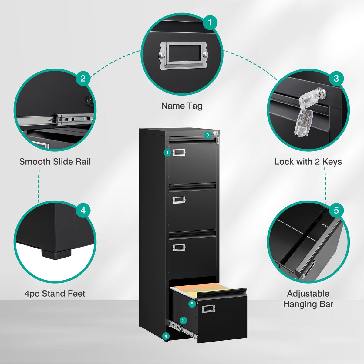 4 Drawer Black Metal File Cabinet with Lock N778