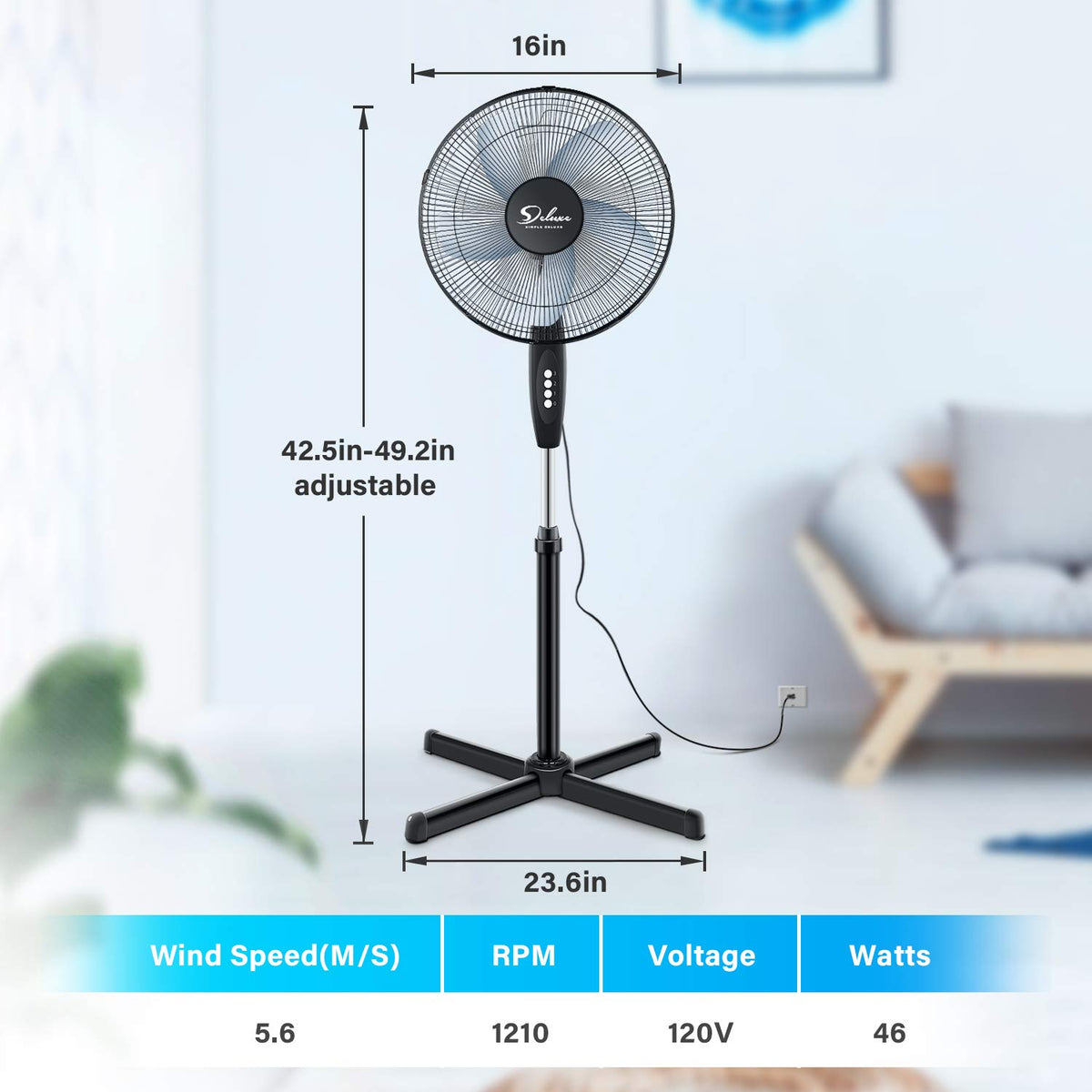 16″ 3 Speed Oscillating Pedestal Stand Fan, Black N69981