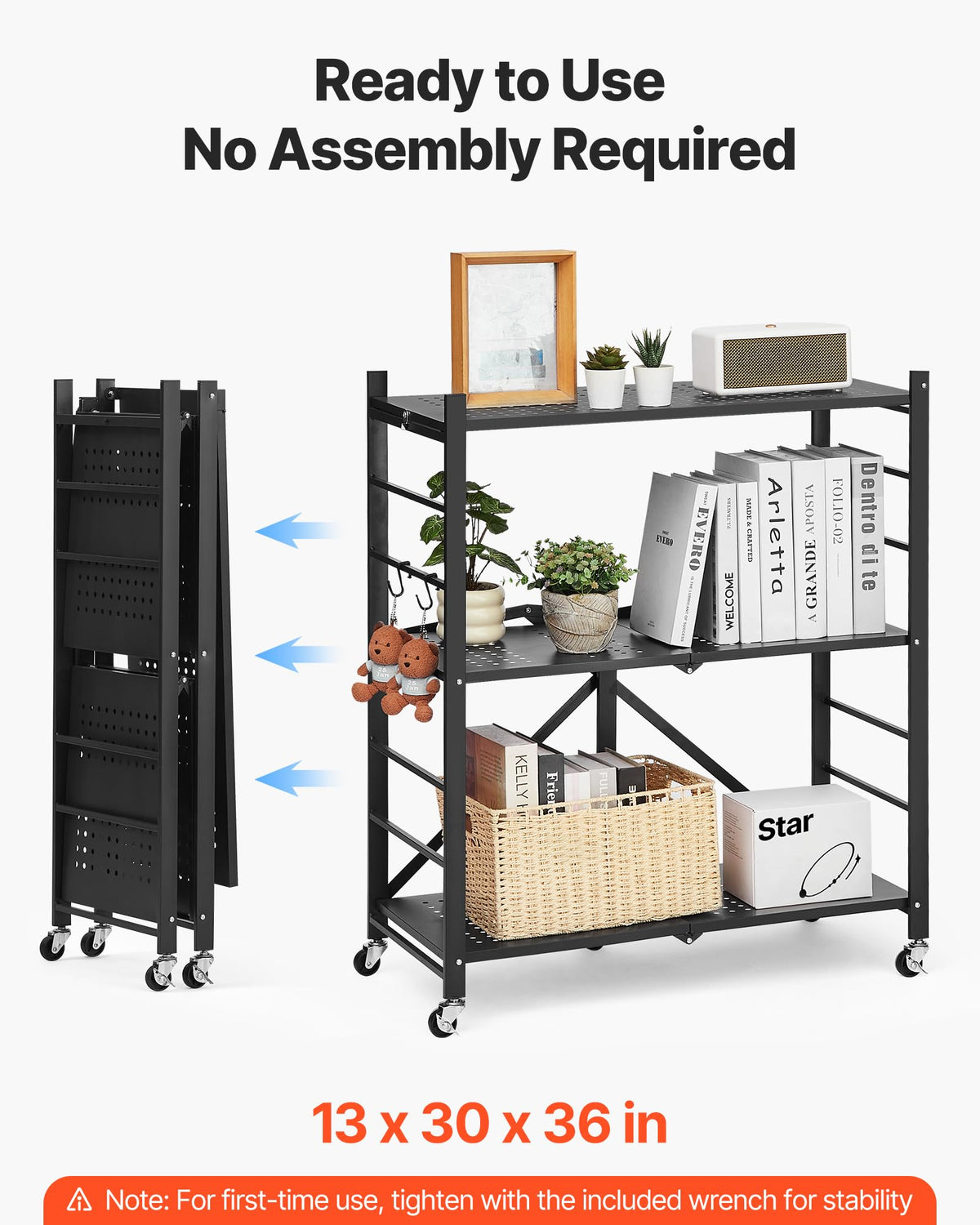 3-Tier Foldable Metal Storage Shelf with Wheels and Hooks, Black B377