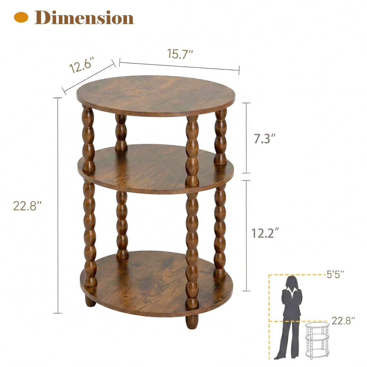 3-Tier Oval Side Table with Solid Wood Spindle Legs G81604