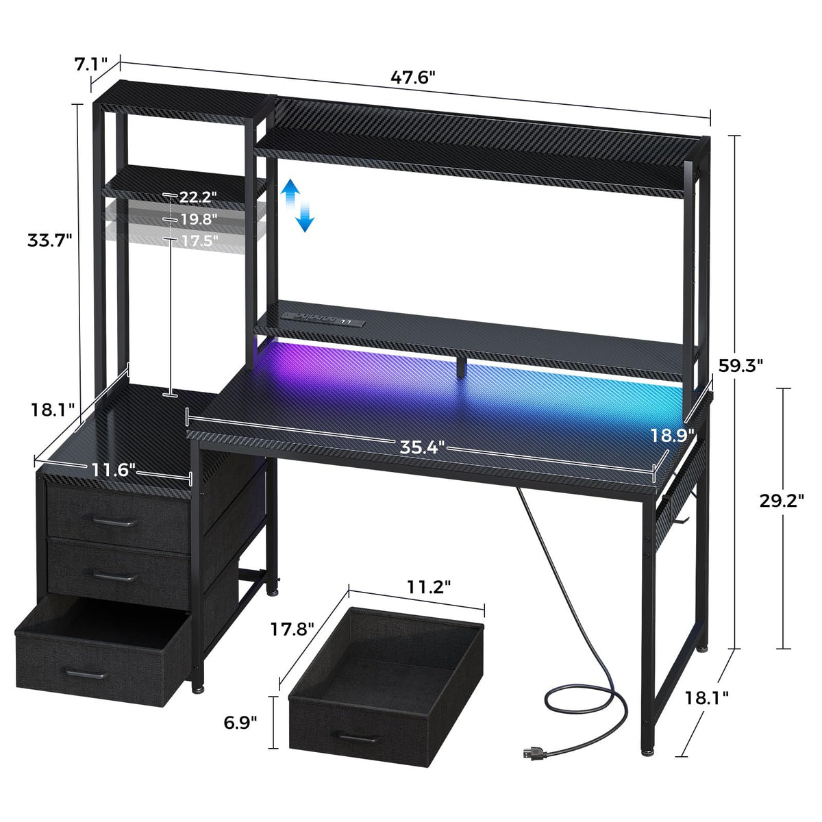 48 Inch Gaming Desk with Shelves and Drawers T871