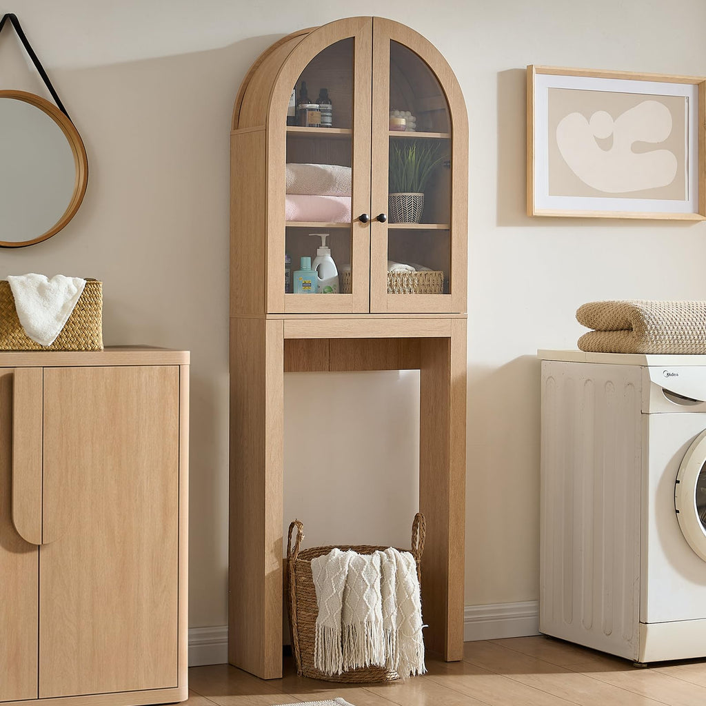 Arched Over The Toilet Storage Cabinet with Glass Doors, Natural Oak G397