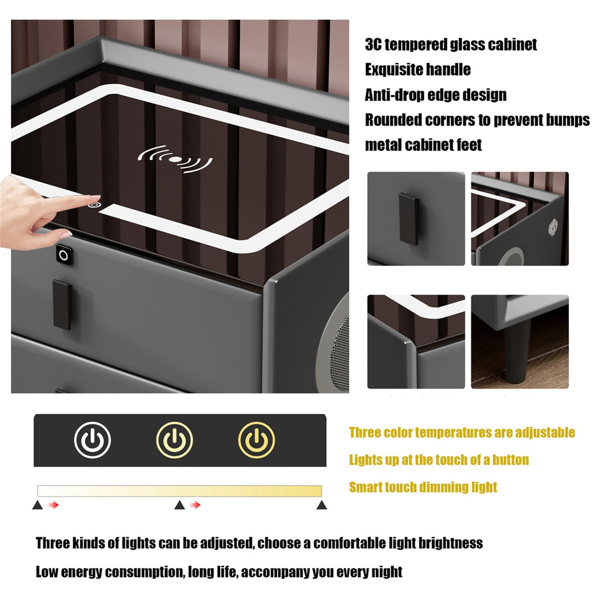 Pink 3 Drawer LED Nightstand with Wireless Charging X218112