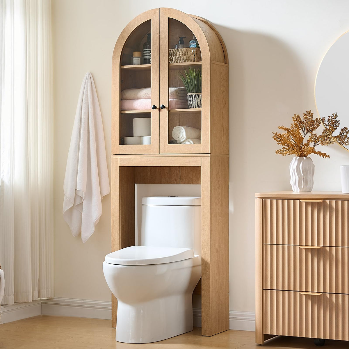 Arched Over The Toilet Storage Cabinet with Glass Doors, Natural Oak G397