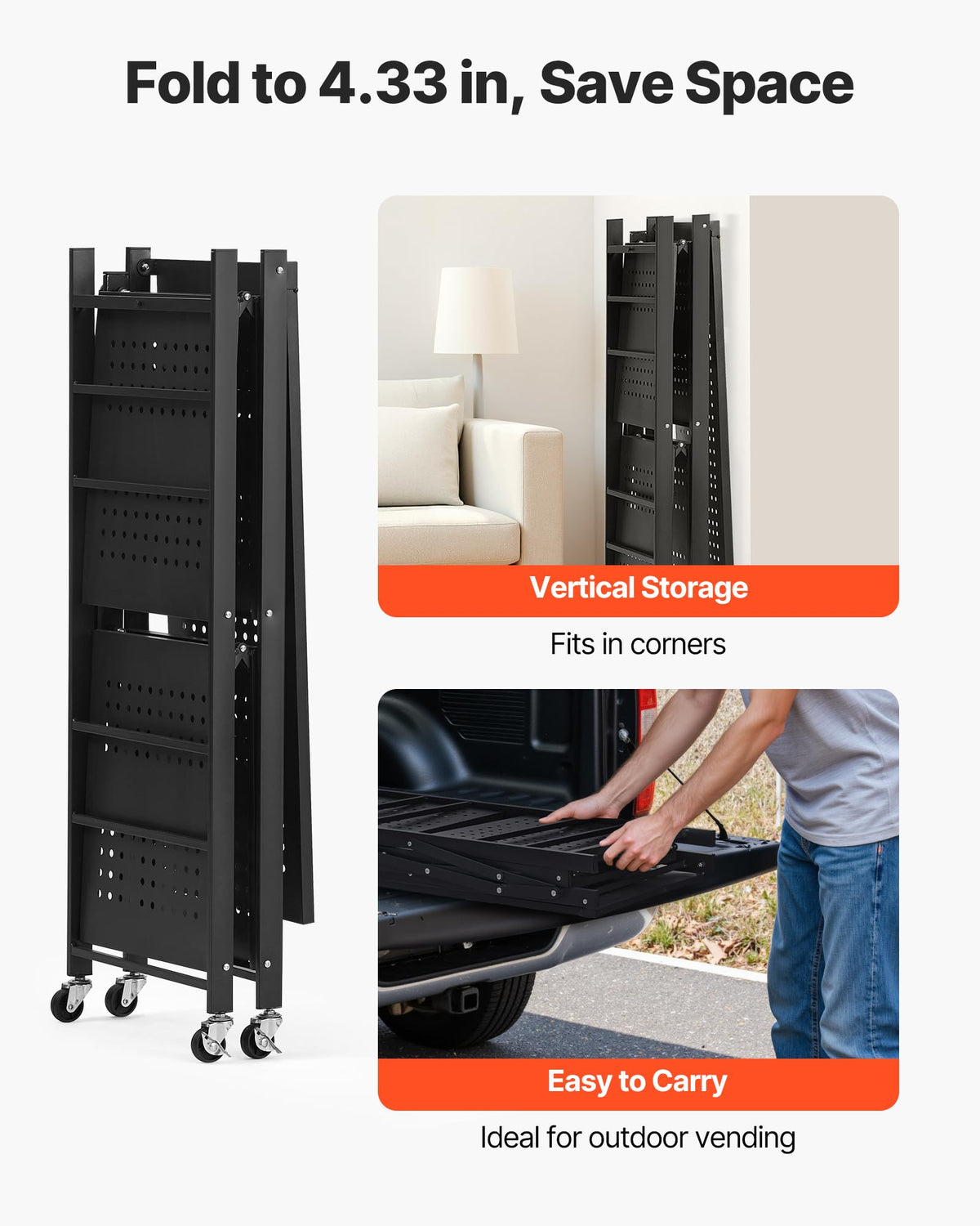 3-Tier Foldable Metal Storage Shelf with Wheels and Hooks, Black B377