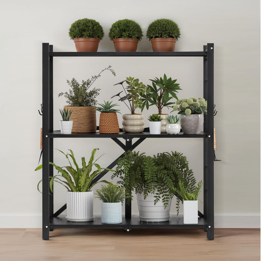 3-Tier Foldable Metal Storage Shelf with Wheels and Hooks, Black B377