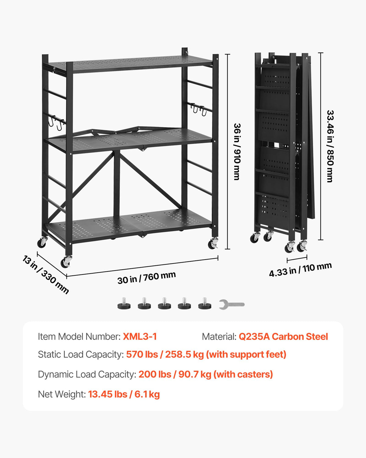 3-Tier Foldable Metal Storage Shelf with Wheels and Hooks, Black B377