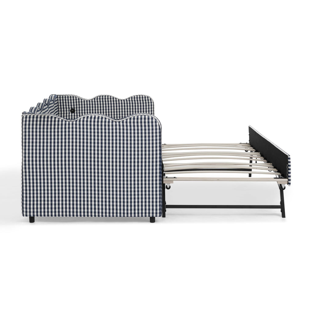 Navy Gingham Linen Upholstered Twin Size Daybed with Trundle I2842