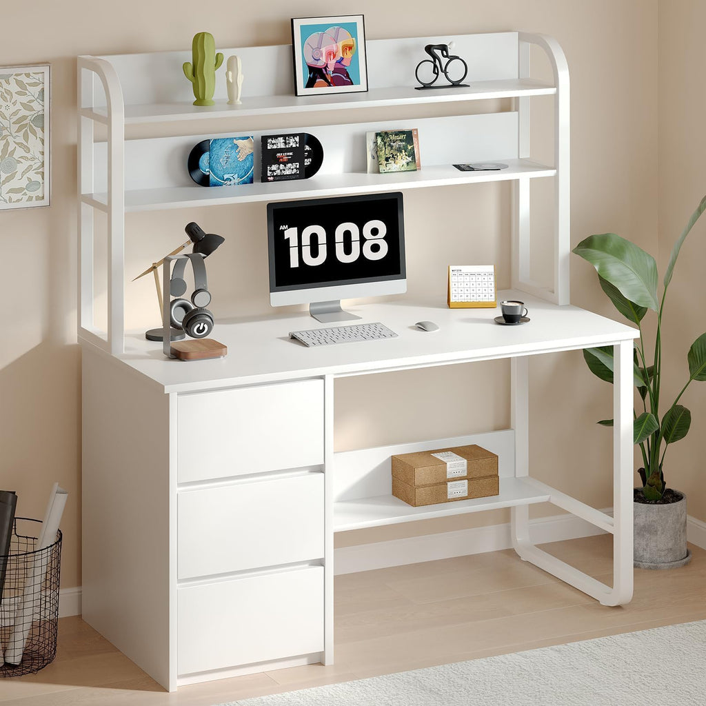 White Desk with Hutch, 47 Inch Computer Desk with 3 Drawers C95962
