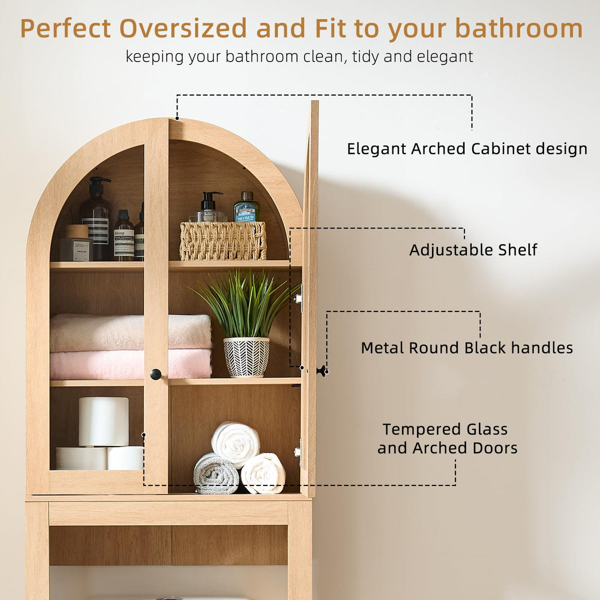 Arched Over The Toilet Storage Cabinet with Glass Doors, Natural Oak G397