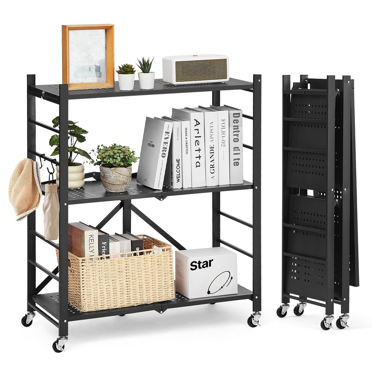 3-Tier Foldable Metal Storage Shelf with Wheels and Hooks, Black B377