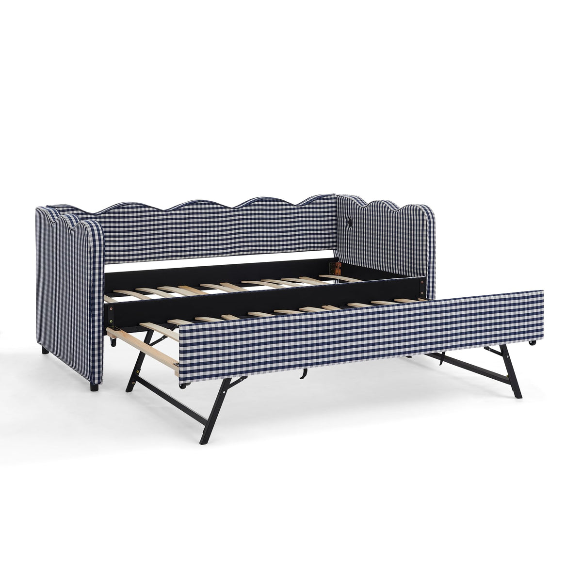 Navy Gingham Linen Upholstered Twin Size Daybed with Trundle I2842