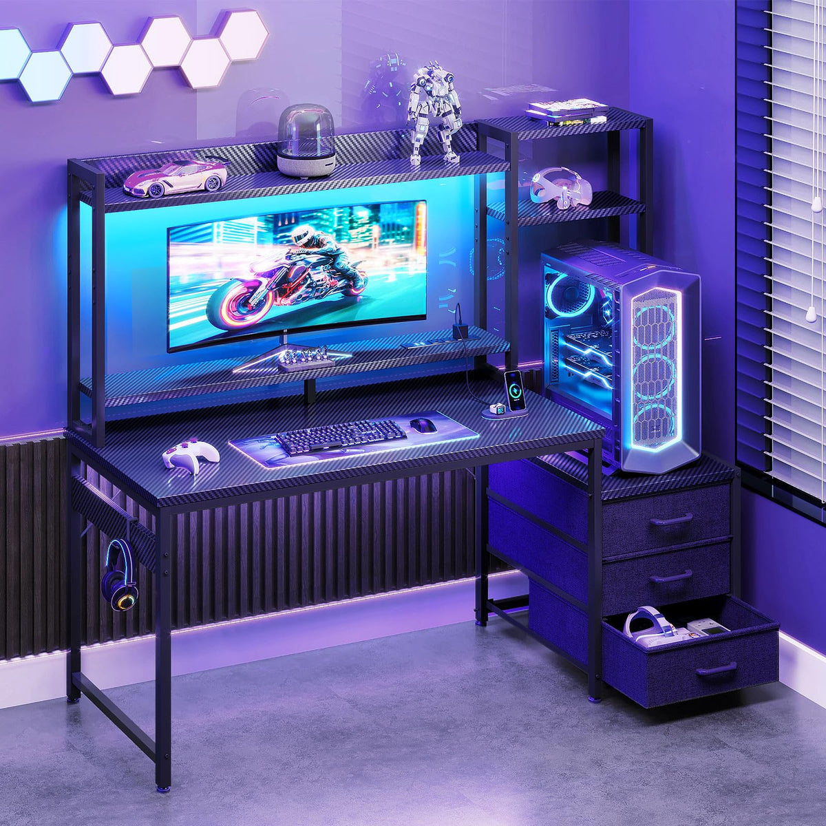 48 Inch Gaming Desk with Shelves and Drawers T871