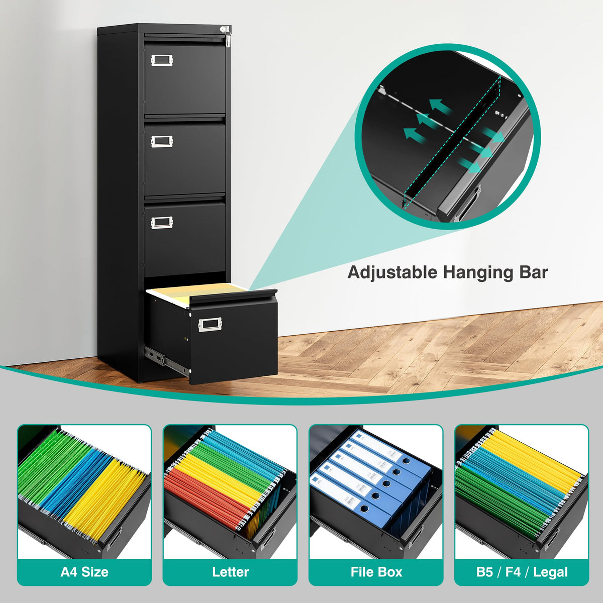 4 Drawer Black Metal File Cabinet with Lock N778