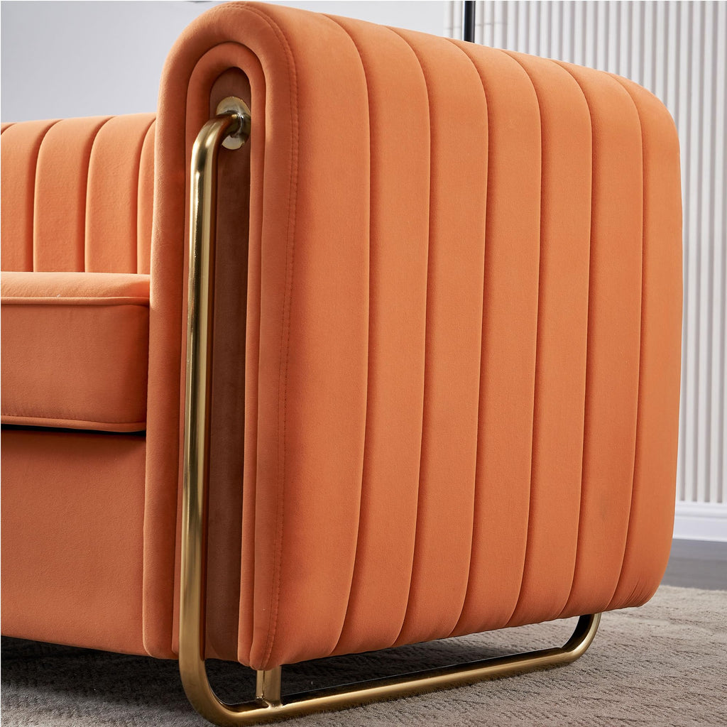 Velvet Sofa Couch, 3-Seater with Channel-Tufted Seats and Gold Steel Legs, Orange P39896