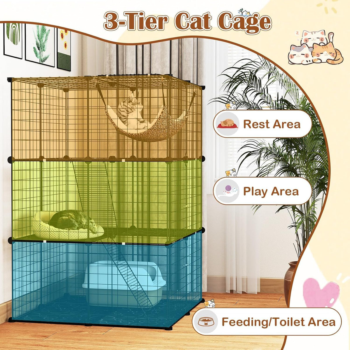 3-Tier Wire Metal Cat Enclosure with Hammock M67367