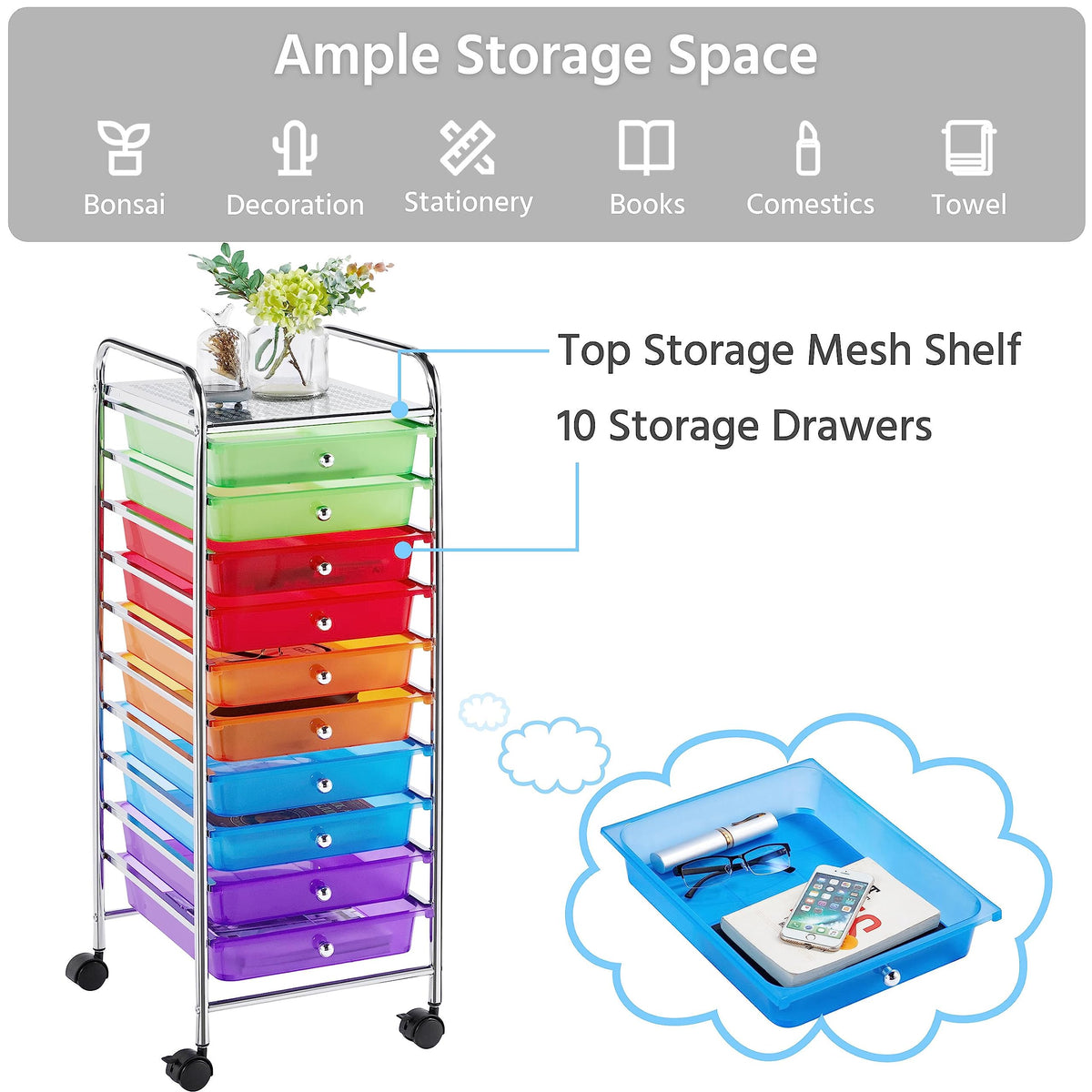 10 Drawer Rolling Storage Cart with Wheels I96810