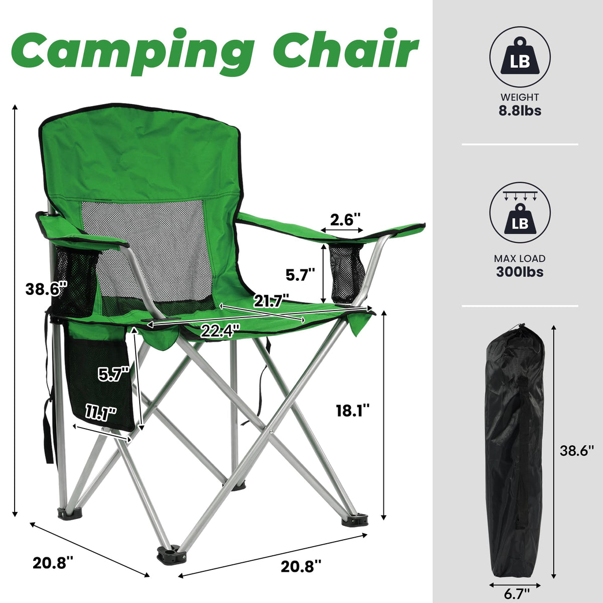 2 Pack Folding Camping Chair with Cup Holder & Carry Bag, Grass Green N78877