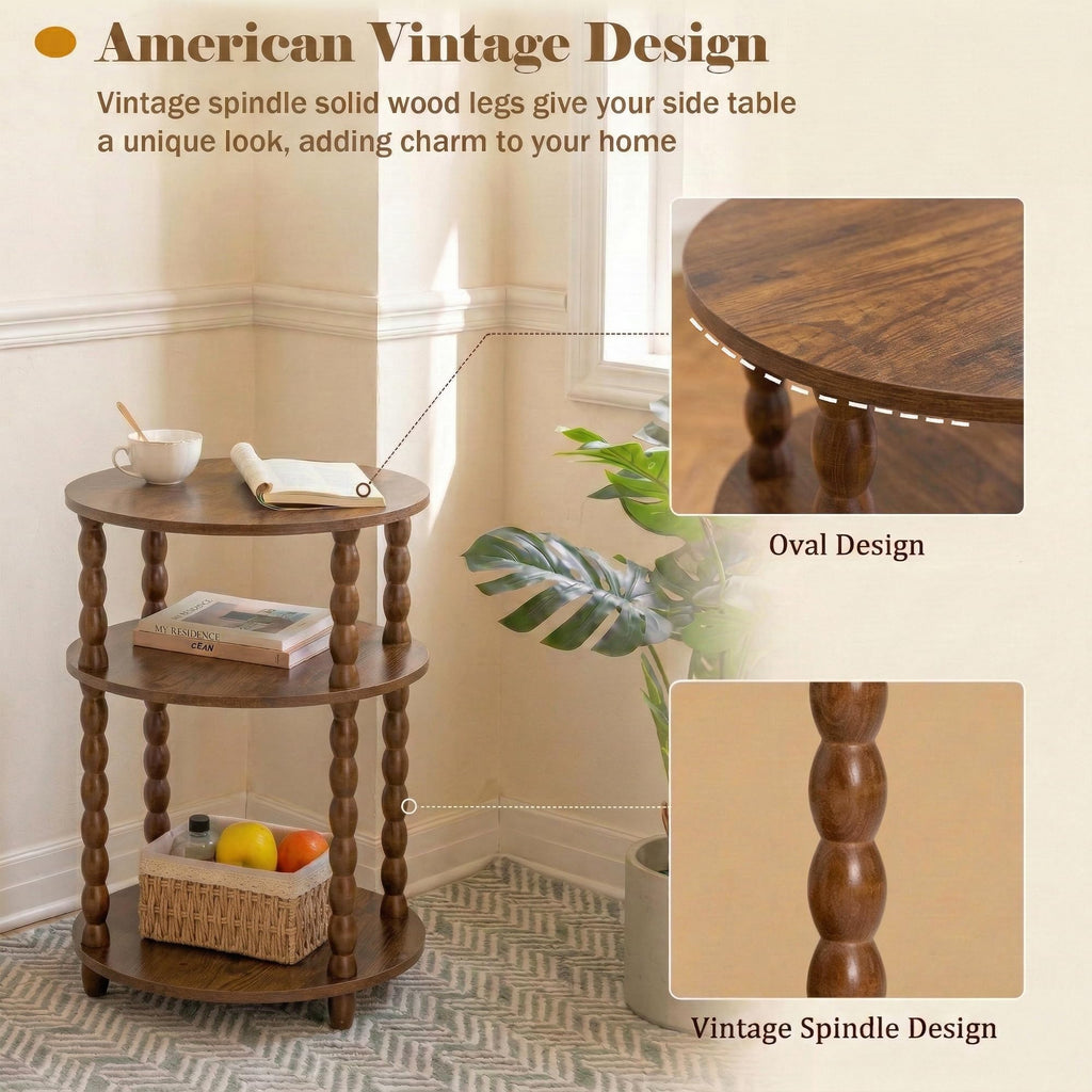3-Tier Oval Side Table with Solid Wood Spindle Legs G81604