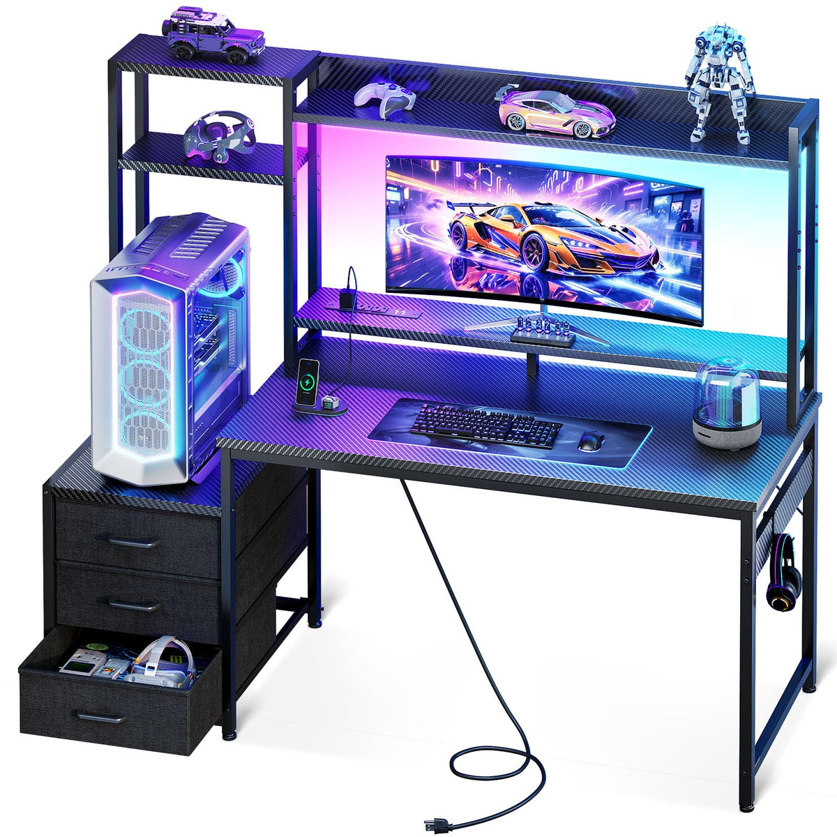 48 Inch Gaming Desk with Shelves and Drawers T871