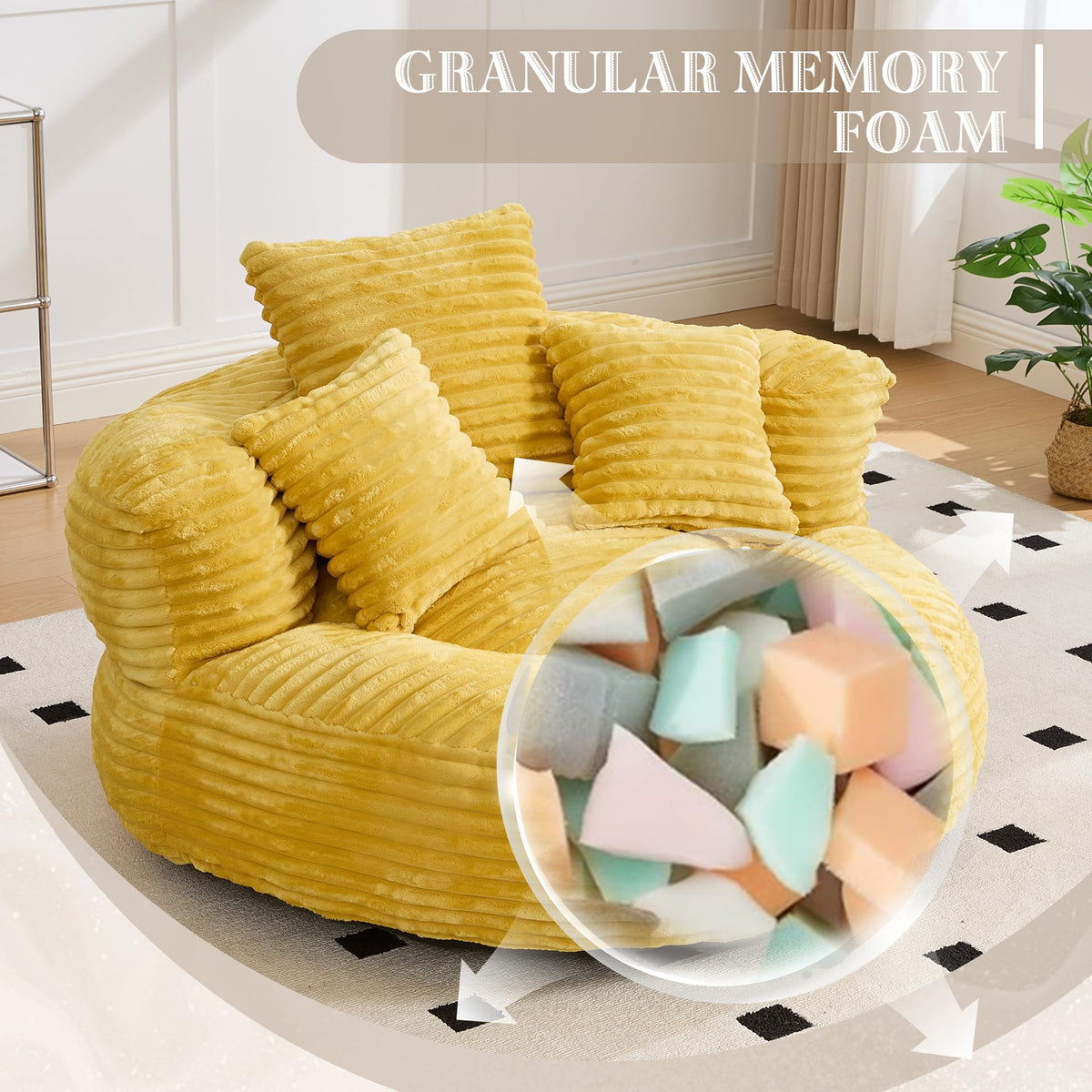 Yellow Corduroy Bean Bag Sofa with 3 Pillows M544