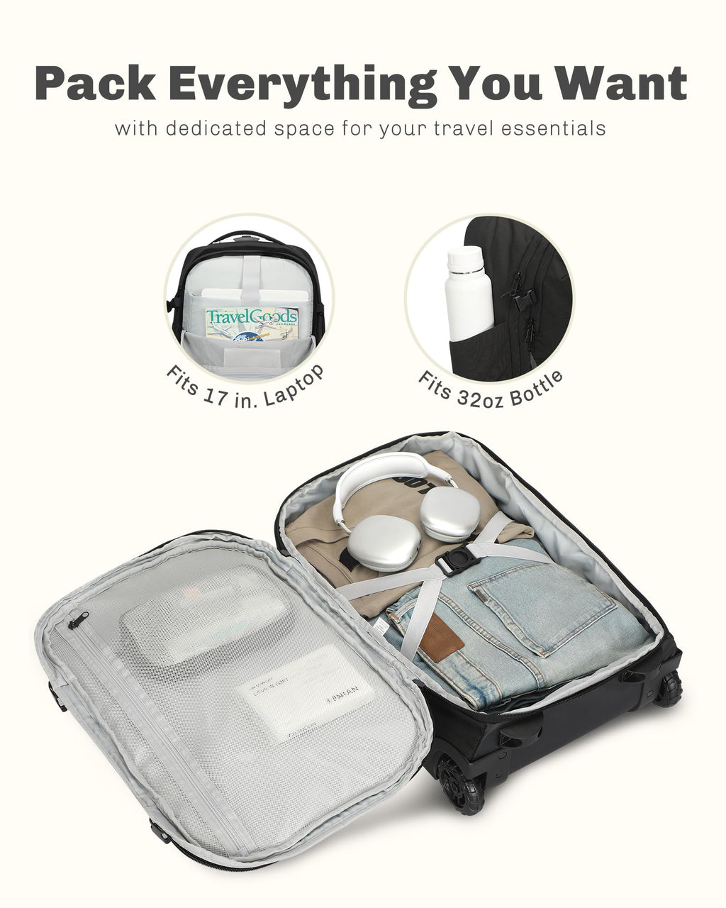 Rolling Backpack with Wheels 43L with Packing Cubes Set 6PC U1485
