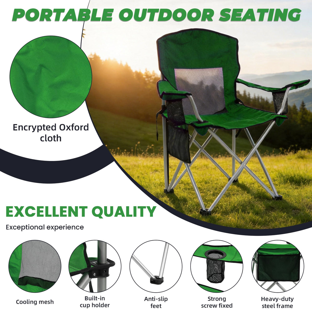 2 Pack Folding Camping Chair with Cup Holder & Carry Bag, Grass Green N78877