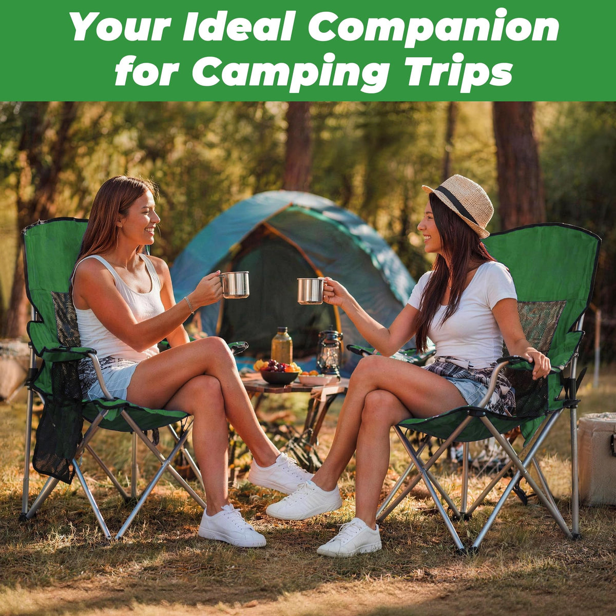2 Pack Folding Camping Chair with Cup Holder & Carry Bag, Grass Green N78877