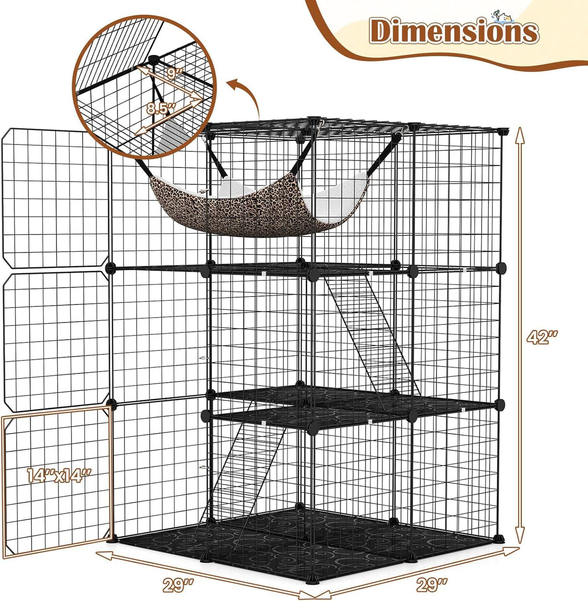 3-Tier Wire Metal Cat Enclosure with Hammock M67367