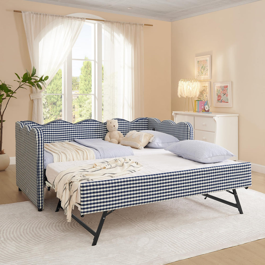 Navy Gingham Linen Upholstered Twin Size Daybed with Trundle I2842