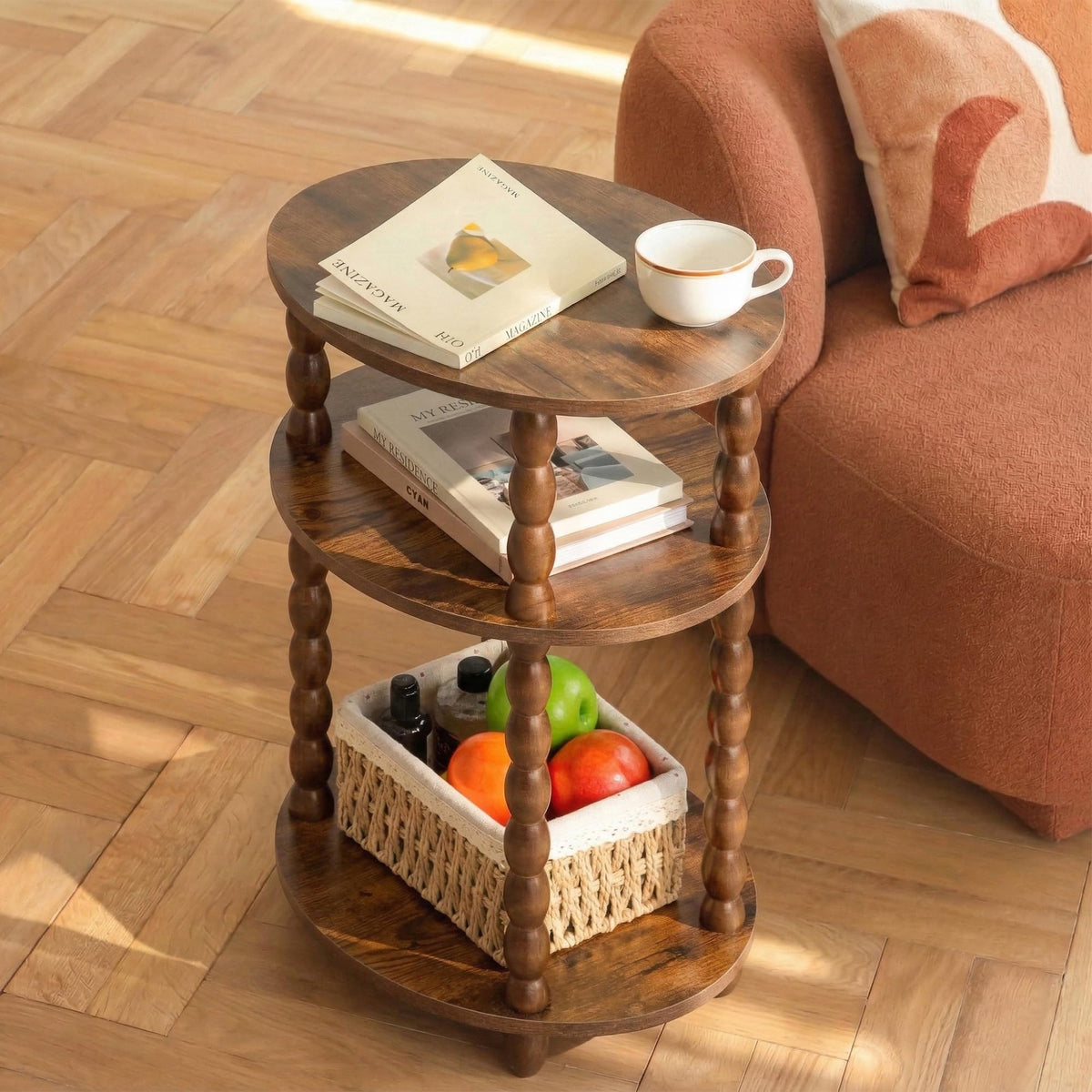 3-Tier Oval Side Table with Solid Wood Spindle Legs G81604