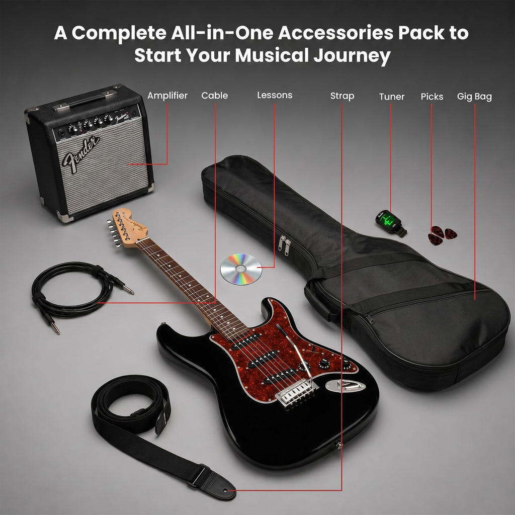 Black Electric Guitar with Amplifier and Gig Bag H5660