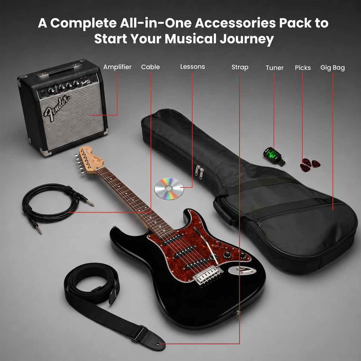 Black Electric Guitar with Amplifier and Gig Bag H5660