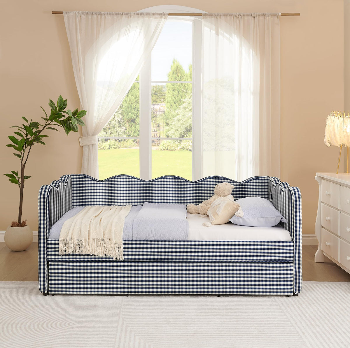 Navy Gingham Linen Upholstered Twin Size Daybed with Trundle I2842