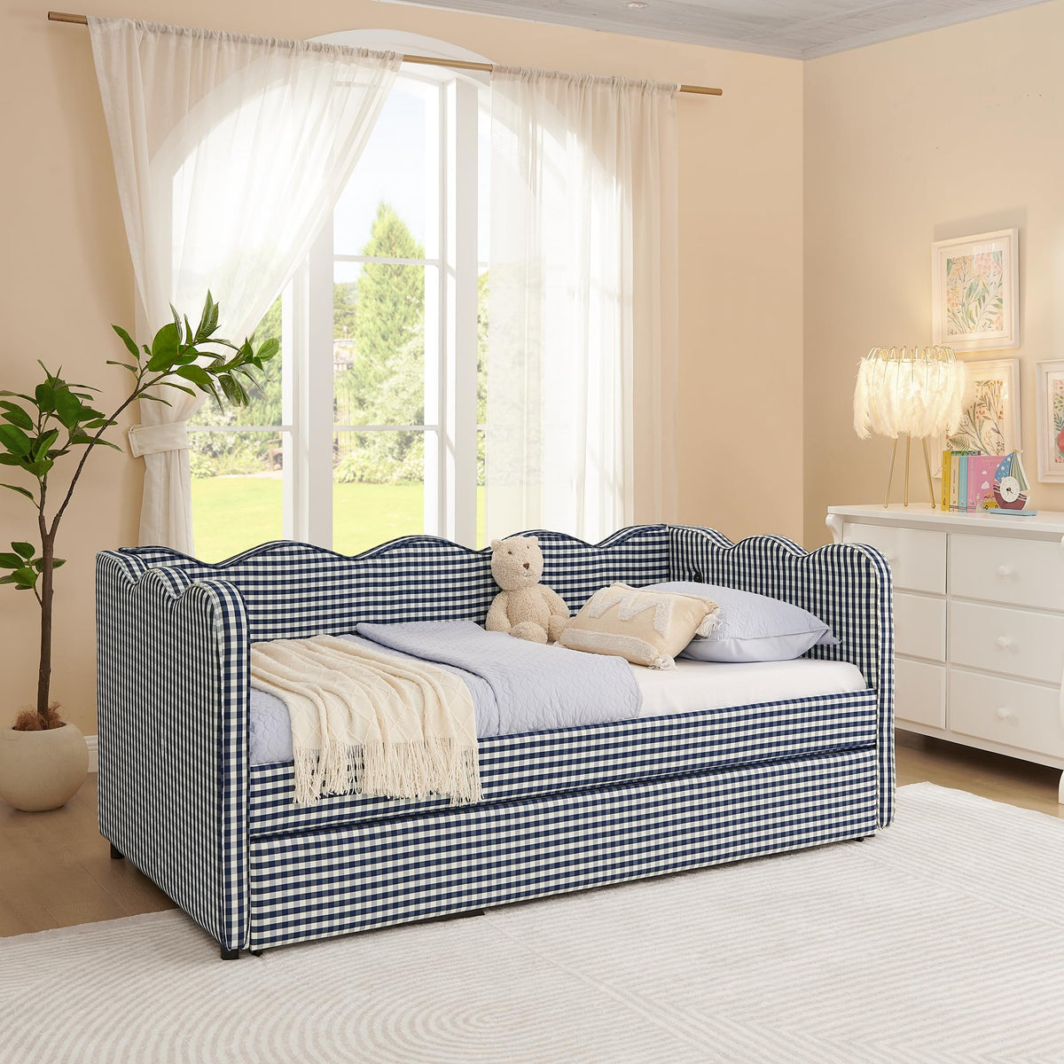 Navy Gingham Linen Upholstered Twin Size Daybed with Trundle I2842