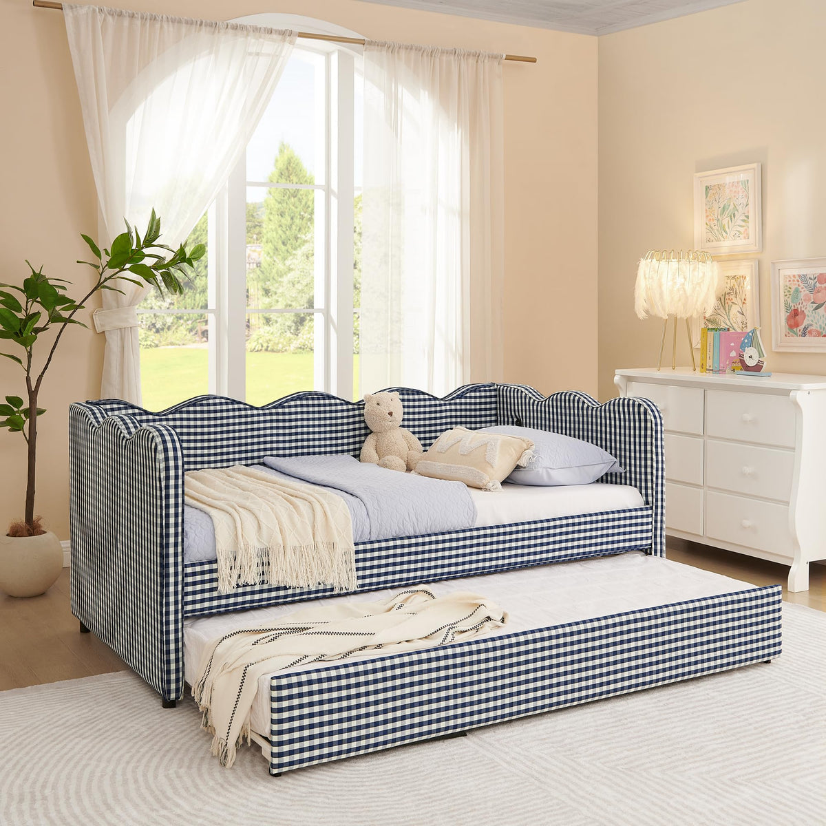 Navy Gingham Linen Upholstered Twin Size Daybed with Trundle I2842